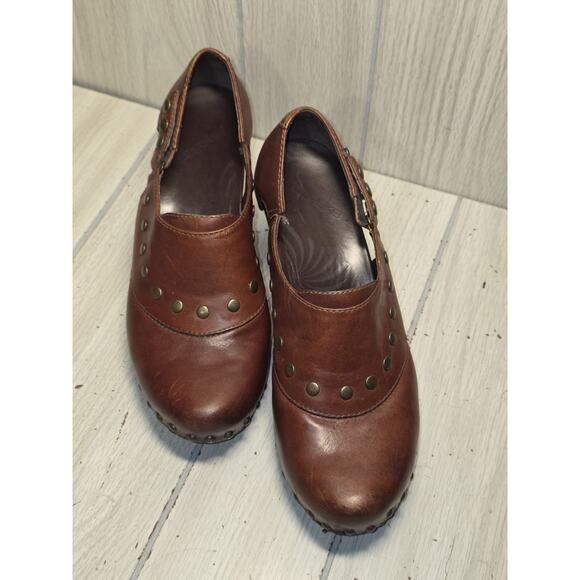 Dansko Ryders Brown Leather Clogs Studded Wood Block Heel Platform Size 9 Boho - Picture 10 of 11